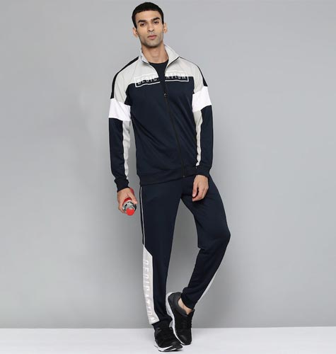 Men Navy Blue & Grey Colourblocked Track Suits